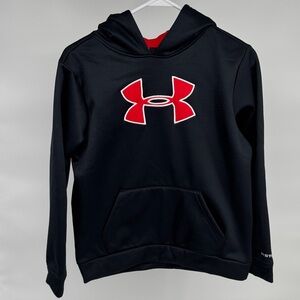 Under Armour Storm boys long sleeve hooded black sweatshirt YLG with pockets.